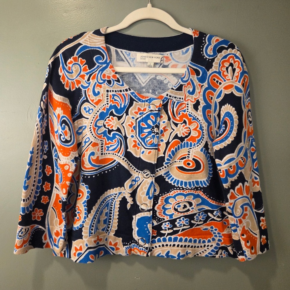 Jones New York Sport Women's 3/4 Sleeve Cardigan Snap Button Size L Paisley